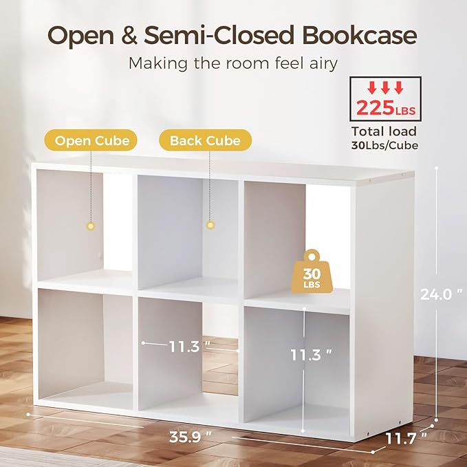 COMHOMA 6 Wood Cube Storage Organizer with Open Back and Removable Back Panels, 11In White Cube Storage Bookshelf, Cubicle Shelf Bookcase for Home Office Bedroom Living Room, Vertical or Horizontal