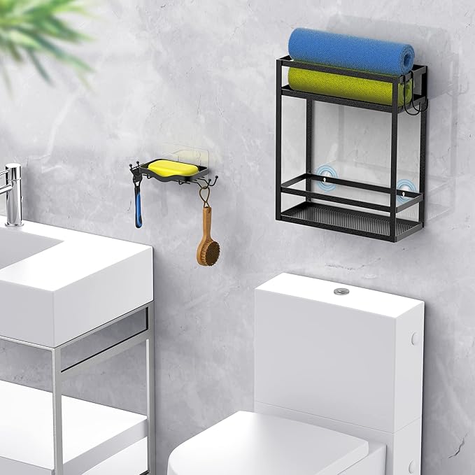 Meangood Shower Caddy Organizer with Soap Holder,Mounting Over Shower Head Or Door,Extra Wide Space for Shampoo, Conditioner, and Soap with Hooks for Razorsand More, Matte Black