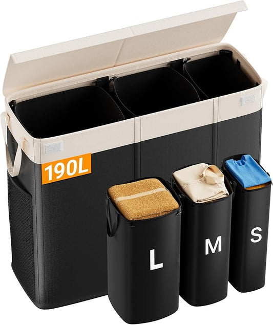 190L Laundry Hamper with Lid, Large Laundry Basket with Lid and 3 Section, Sturdy Laundry Baskets with 3 Removable Bags (L M S), Dirty Clothes Hamper Organizer for Laundry Room, Bedroom and Dorm Room-NeatNest