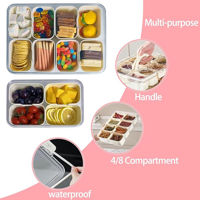 2PCS Plastic Divided Serving Tray with Lid Snackle Box Charcuterie Container Portable Snack Platters Organizer for Candy, Fruits, Snacks, Nuts, for Party, Entertaining, Picnic (4 Compartment)-NeatNest