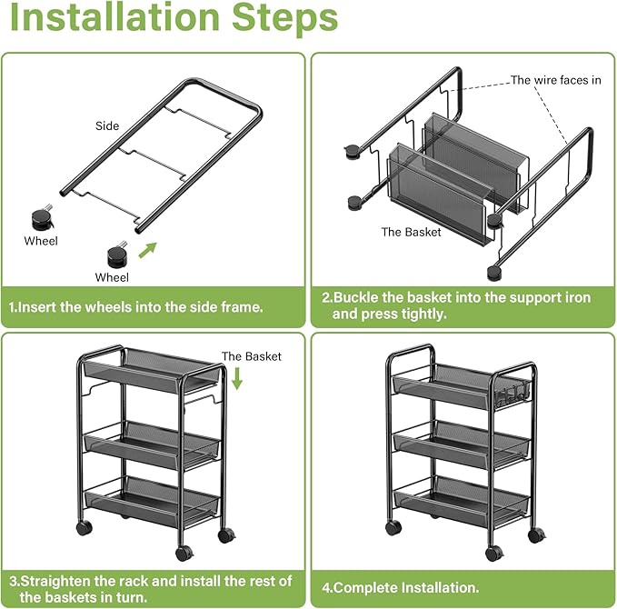 JANE EYRE 3-Tier Rolling Utility Storage Rack Cart on Wheels, Trolley Craft cart, Multi-Purpose Organizer Shelf, Black-NeatNest