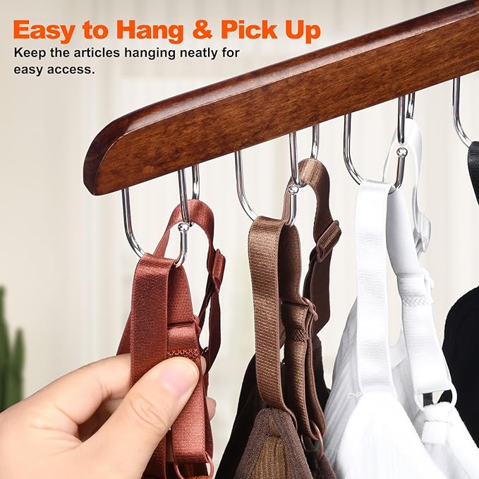 Bra and Tank Top Closet Organizer Hangers, 2-Pack with 14 Hooks, Foldable Wooden Space-Saving Hanger, 360° Rotating Closet Organizer for Bras, Tank Tops, Scarves, and More (Brown)-NeatNest