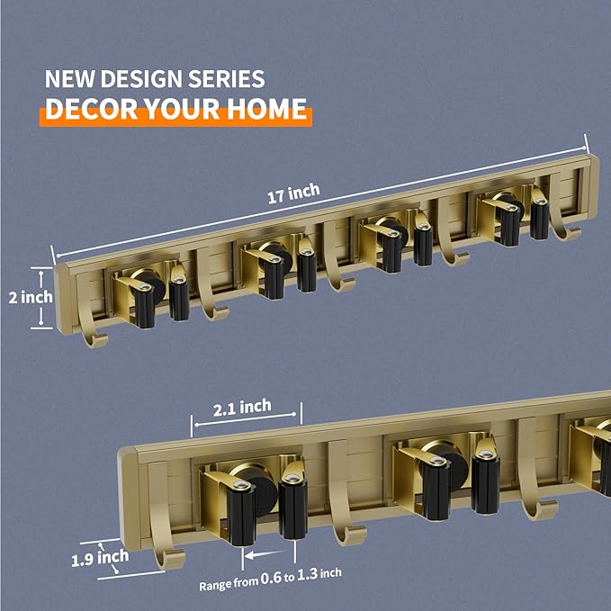 Broom Holder Wall Mount Mop and Broom Hanger Wall Mounted Garage Storage Rack Kitchen Garden Tool Organizer (4 Racks with 5 Hooks, Bronze)-NeatNest