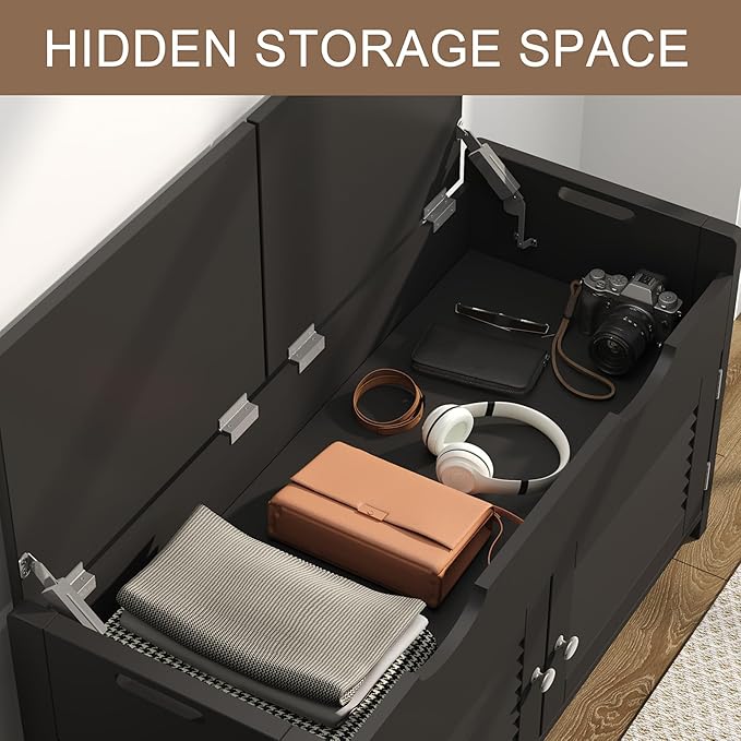 ChooChoo Shoe Storage Bench with Lift Top Storage, Entryway Bench with 2 Cushioned Seats, 3 Compartments, Adjustable Shelf, Shoe Cabinet for Entryway, Bedroom, Living Room, Black-NeatNest