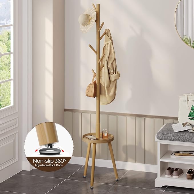 GREENSTELL Coat Rack with 8 Hooks, Wooden Coat Rack Freestanding with Shelf, Coat Tree with 4 Height Options 50.5"-72.6", Coat Hanger Stand for Bags, Clothes, Umbrellas, Hats, in Home, Natural-NeatNest