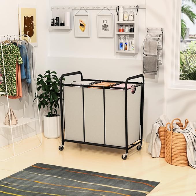 180L (47.55 Gal) Laundry Sorter 3 Section, Rolling Laundry Basket with Lockable Wheels and Lid, Laundry Hamper with 3 Separated Removable Bags Dirty Clothes Hamper for Laundry Room Organizer, White-NeatNest