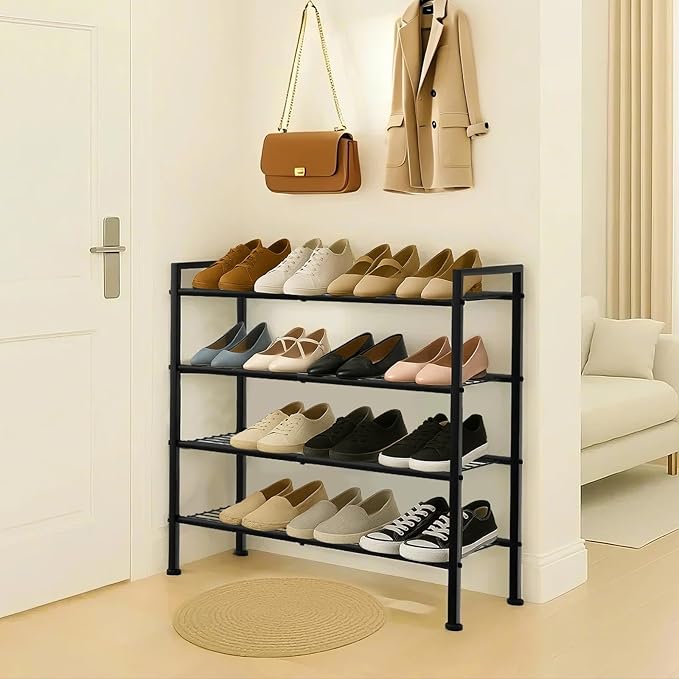 Simple 4 Tier Shoe Rack,Metal Stackable Shoe Storage Organizer for Closet,Entryway, Bedroom, Black (Black, 4-Tier)-NeatNest