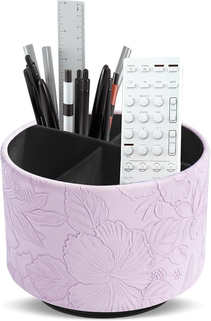 Hennaja Round Leather Art Supply Organizer,Remote Control Holder,360 Degree Spinning,Multi-Functional Pencil Holder,4 Compartments Desktop Stationary Organizer(1-Carved Purple)-NeatNest