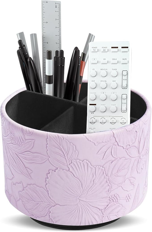 Hennaja Round Leather Art Supply Organizer,Remote Control Holder,360 Degree Spinning,Multi-Functional Pencil Holder,4 Compartments Desktop Stationary Organizer(1-Carved Purple)-NeatNest