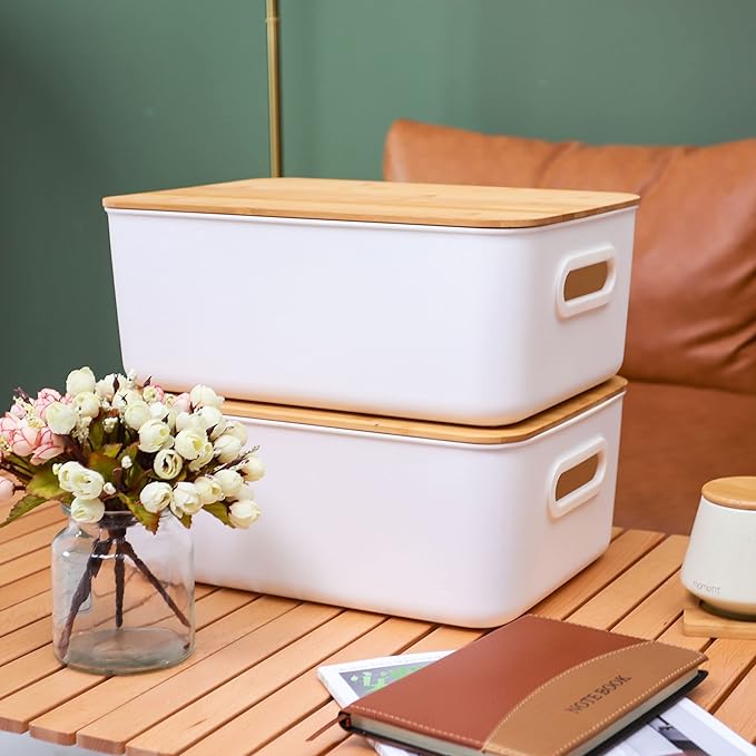 Citylife 2 PCS Storage Bins with Bamboo Lids Plastic Storage Containers for Organizing Stackable Storage Box with Handle, 15.12 x 10.67 x 5.98 inch-NeatNest