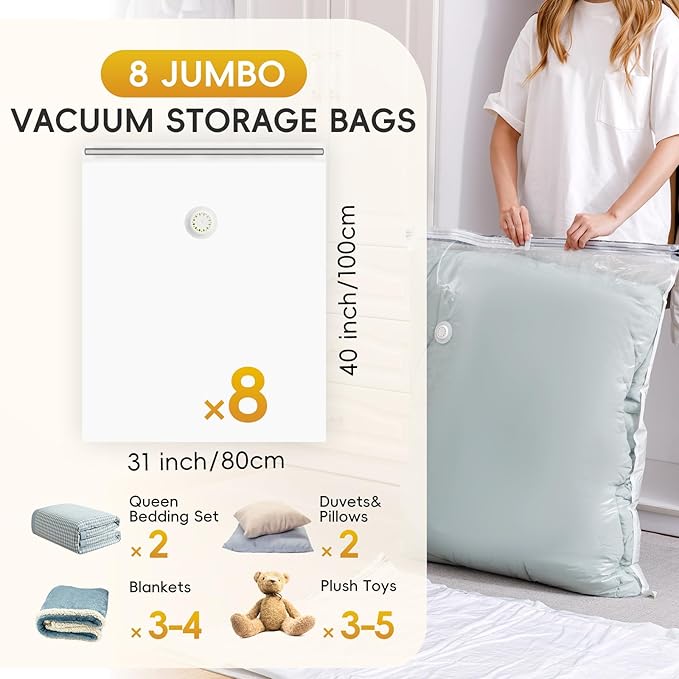 Vacuum Storage Bags - 8 Extra Large Jumbo storage Space Saver Bags (40x31 Inch) for Bedding,Comforters,Blankets,Clothing,Pillows,Jackets,Coats - Vacuum Seal Bags for Home Organization-NeatNest