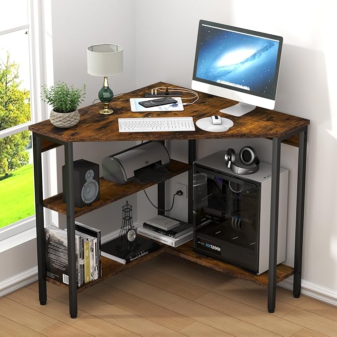 Corner Desk with Outlets & USB Ports, 90 Degree Triangle Corner Table with CPU Stand & Storage Shelves for Small Space, Computer Table with Charging Station for Home Office Bedroom (Rustic)-NeatNest