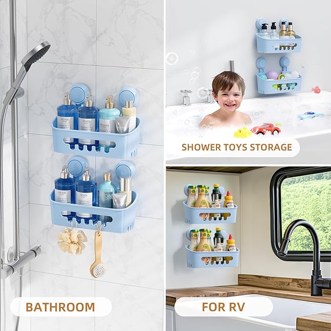 LEVERLOC Shower Caddy Suction Cup 2 Pack, Shower Organizer Removable Bathroom Shelf, Storage Suction Powerful Max Hold 22lbs Bathroom Caddy Waterproof Holder, Blue-NeatNest