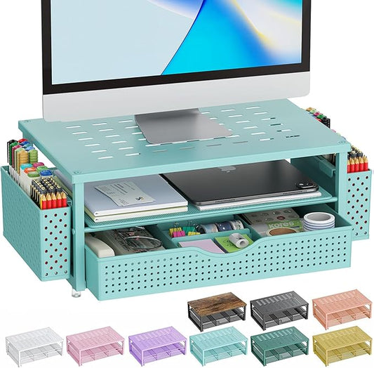 gianotter Desk Organizers and Accessories, Monitor Stand with Drawer and 2 Pen Holder, Desktop Organizer Suitable for Offices and Dormitories (Blue)-NeatNest