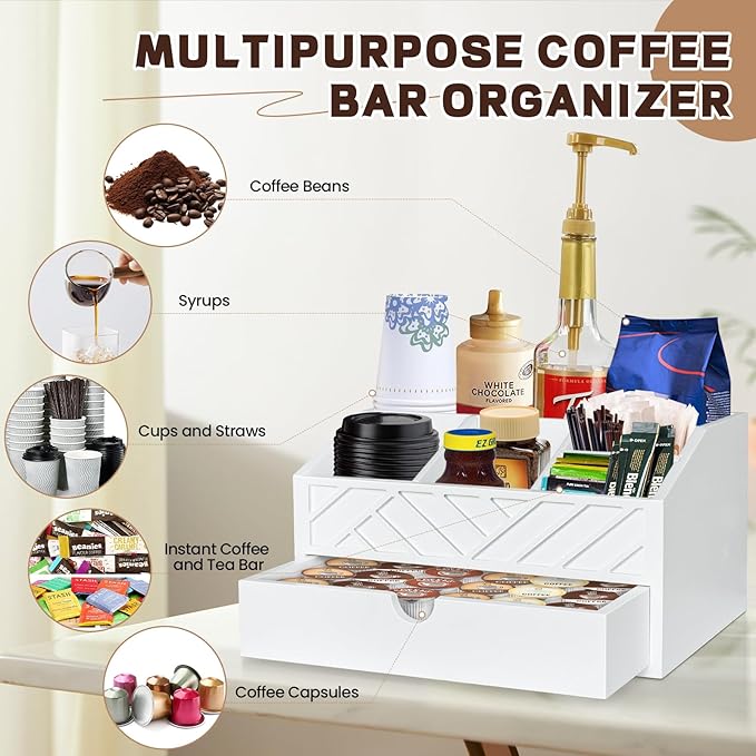 Coffee Bar Organizer with Drawer, Coffee Station Organizer for Countertop, Wood Coffee Bar Accessories Organizer for Coffee Bar Decor, Farmhouse Coffee Cup Pod Holder Condiment Organizer(White)-NeatNest