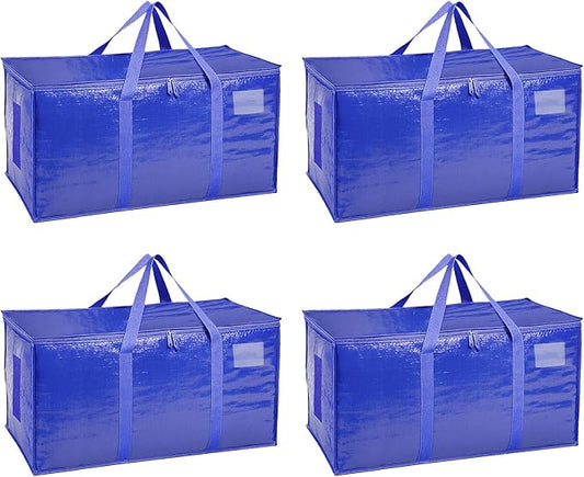 Extra Large Heavy Duty Moving Bags - Waterproof Storage Totes with Reinforced Handles & Zippers, Foldable for College Dorm Essentials, Clothes Storage & Travel (4-Pack Blue)