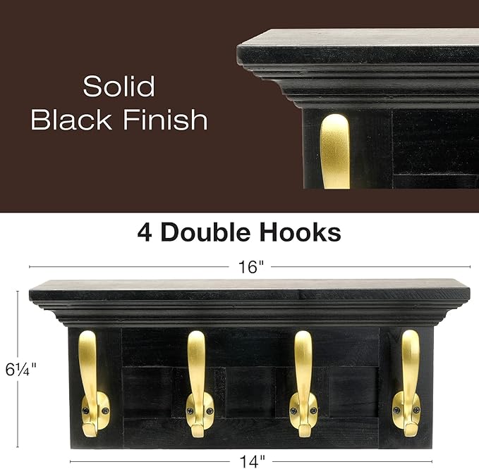EXCELLO GLOBAL PRODUCTS Black 16" Coat Rack with 4 Gold Hooks: Ready to Hang Entryway Coatrack for Organization of Jackets, Hats, Scarves, Keys & Purses (Black)-NeatNest