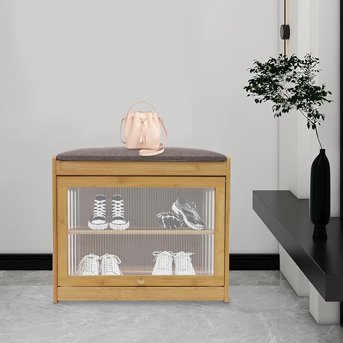 Eapmic Shoe Storage Bench, Entryway Shoe Rack Bench with Padded Seat Cushion, 2-Tier Shoe Cabinet, Bamboo Shoe Organizer for Hallway Bedroom Living Room Front Door (Burlywood, 19.69 * 12.6 * 17.32in)