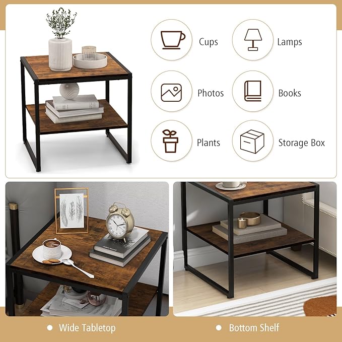 End Table Set of 2, Industrial 2-Tier Side Tables with Open Shelf, 20" Square Coffee Table with Heavy-Duty Metal Frame, Compact Tea Table Nightstand for Living Room, Bedroom, Hallway