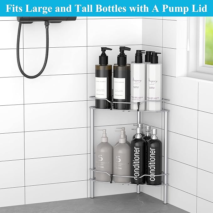 2 Tier Floor Standing Corner Shower Caddy Organizer Shelf with Hooks, Bathroom Shelves Stand Rack, Silver