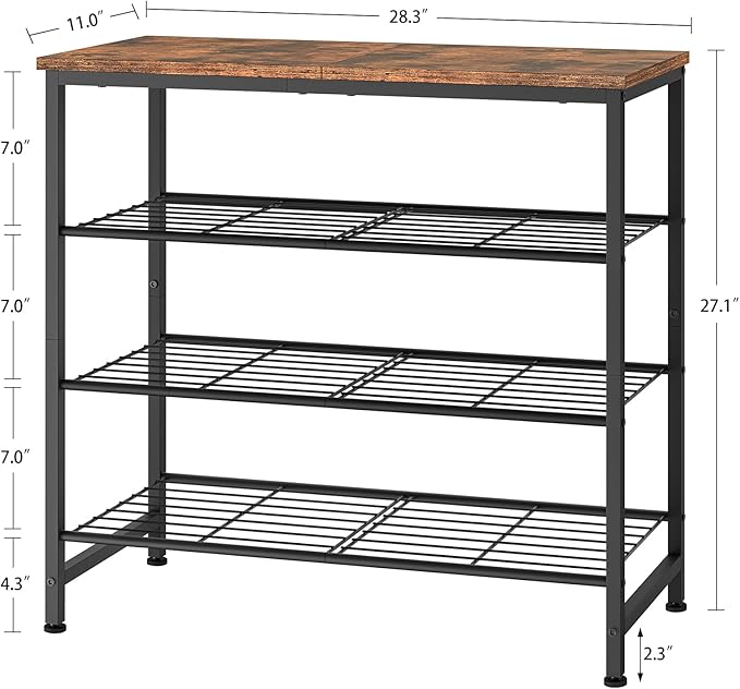 usikey 4-Tier Shoe Rack, Industrial Shoe Storage Organizer for 9-12 Pairs of Shoes, Metal Shoe Shelf with Wooden Top, Shoe Stand with 3 Metal Shelves for Entryway, Hallway, Closet, Rustic Brown-NeatNest