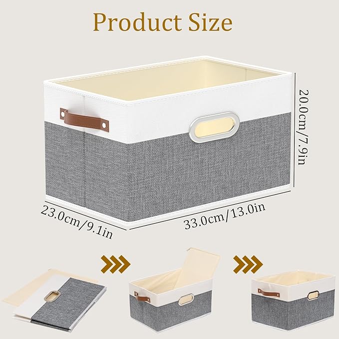 Yawinhe Fabric Storage Baskets, Foldable Closet Organizer for Shelves, Large Boxes with 3 Handles, Canvas Bins for Clothes, White/Grey, 12.99''Lx9.05''Wx7.87''H, 2-Pack-NeatNest