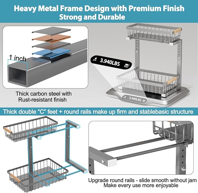 Under Sink Organizer Storage 2 Pack, 2 Tier Slide Out Height Adjustable Pull Out Cabinet Organizer Drawer for Kitchen Bathroom Large Under Sink Shelf Rack Caddy for Pantry, Grey-NeatNest