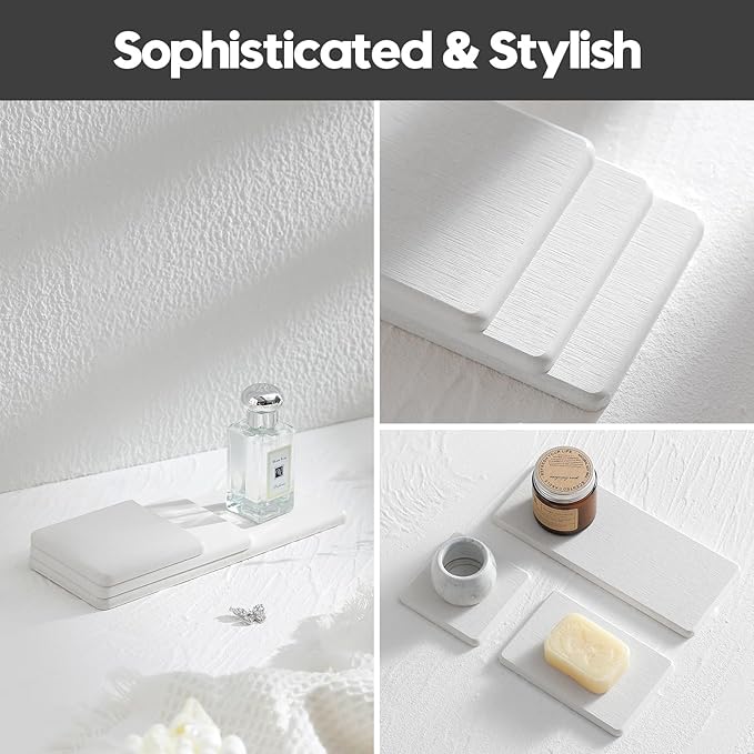 2PCS Bathroom Sink Vanity Trays, Water Absorbing Diatomite Stone Quick Drying Mat for Kitchen Counter,Faucet Splash Guard Dish Rack Soap Dispenser Sponge Holder Caddy Organizer,Beige, 9"x3.5"-NeatNest