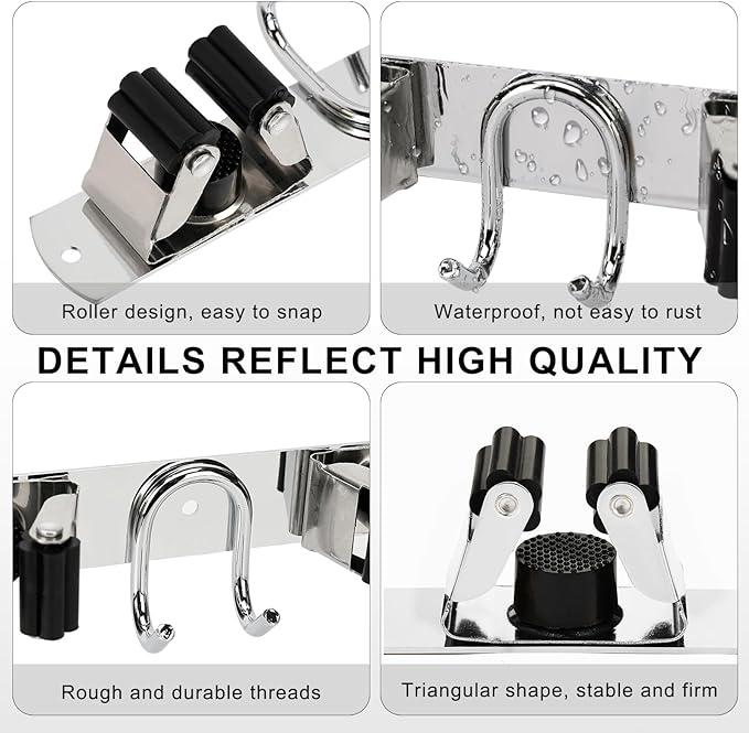 Mop Broom Holder Wall Mount, Silver Stainless Steel Tool Storage Organizer for Kitchen Garden Garage Laundry Room Bathroom and RV with 4 Slots 6 Hooks-NeatNest