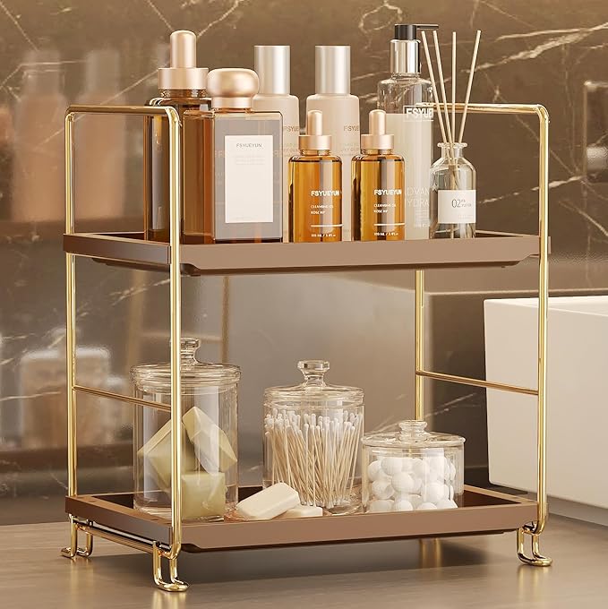 FSyueyun 2-Tier Bathroom Countertop Organizer,Bathroom Organizers and Storage with Tool-Less Installation, Premium Plastics for Makeup, Perfume, Skincare on Dresser Vanity Tray (Gold & Brown)-NeatNest