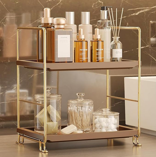 FSyueyun 2-Tier Bathroom Countertop Organizer,Bathroom Organizers and Storage with Tool-Less Installation, Premium Plastics for Makeup, Perfume, Skincare on Dresser Vanity Tray (Gold & Brown)-NeatNest