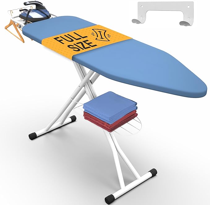 Xabitat Full Size Ironing Board 57" X 15" with Wall Mount Hanger, Full Metal Construction Iron Board, Built in Iron Caddy, Heat & Scorch Resistant Fabric, Cord Holder, Anti-Skid Feet, Heavy Duty