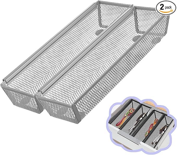 2PCS Drawer Organizer, Mesh Drawer Organizer with Interlocking Arm for Utensil, Cosmetic, Flatware, Pen (12 * 3 * 2 Inches, Grey)-NeatNest
