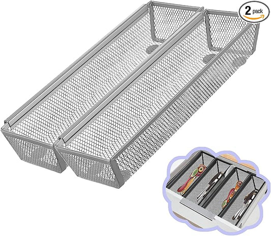 2PCS Drawer Organizer, Mesh Drawer Organizer with Interlocking Arm for Utensil, Cosmetic, Flatware, Pen (12 * 3 * 2 Inches, Grey)-NeatNest