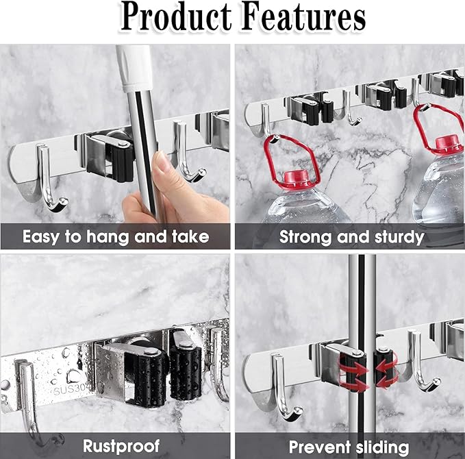 3 Racks and 4 Hooks Broom and Mop Holder Wall Mounted Garage Organizer Storage Tool Racks Stainless Steel Heavy Duty Hooks Self Adhesive Solid Non-slip Wall Hangers for Home Kitchen Garden Laundry-NeatNest
