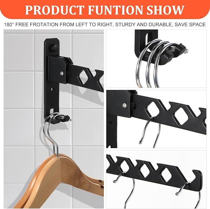2 Pack Wall Mount Coat Hanger Holder Black Clothes Drying Organizer Rack Garment Hooks Aluminium Retractable Folding Indoor Wall Mounted Hanger Space Saver for Laundry Room Bedroom Black-NeatNest