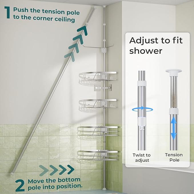 Dicasser Corner Shower Caddy - Tension Pole Rod Organizer, Floor to Ceiling 20-113 inch, Adjustable Towel Rack Waterproof Rustproof, Stainless Steel