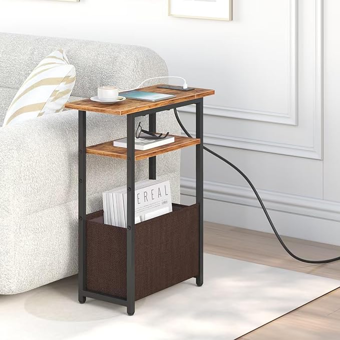 Narrow Side Table with Charging Station Set of 2, Small End Table for Small Spaces, Skinny Nightstands Set 2 with Storage Basket,Sofa Bedside Tables for Living Room,Bedroom, Rustic Brown