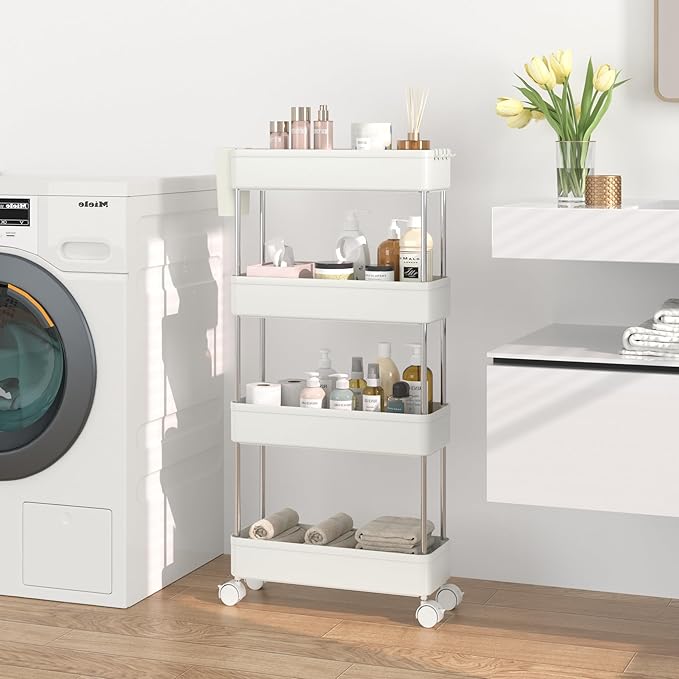 VECELO Storage Rolling Cart, 4 Tier Utility Cart Kitchen Slim Mobile Storage Unit Organizers with Wheels Hooks&Hanging Cups for Bedroom Bathroom Office Table Side in Narrow Places, White