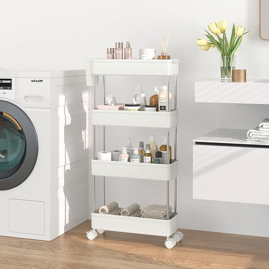 VECELO Storage Rolling Cart, 4 Tier Utility Cart Kitchen Slim Mobile Storage Unit Organizers with Wheels Hooks&Hanging Cups for Bedroom Bathroom Office Table Side in Narrow Places, White