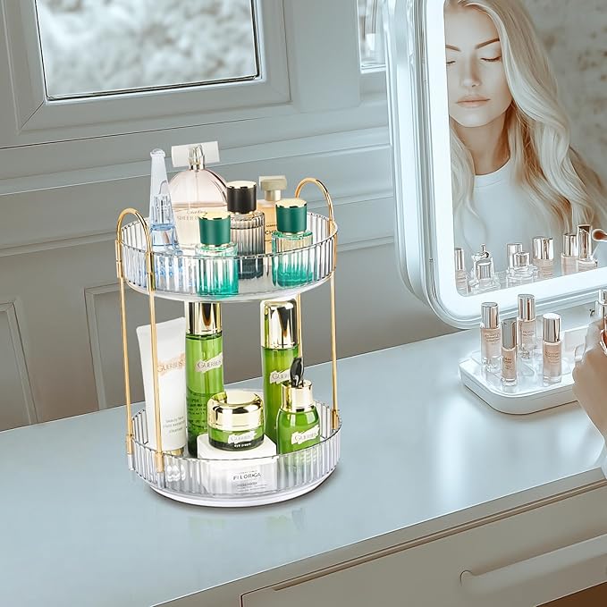 360 Rotating Makeup Organizer - Large Capacity Spinning Perfume & Cosmetic Skincare Holder for Countertop (Pearl White, 2 Tier)-NeatNest