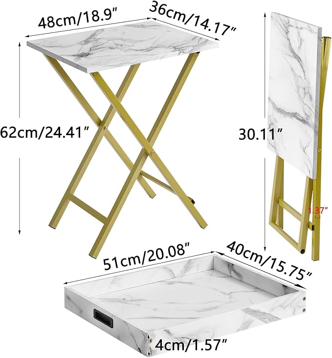IBUYKE Foldable TV Tray Set of 2 TV,End Table with Removable Food Serving Tray,Portable Wooden Snack Table for Livingroom, Bedroom, Office, Camping, White with Gold UTVT001G-NeatNest