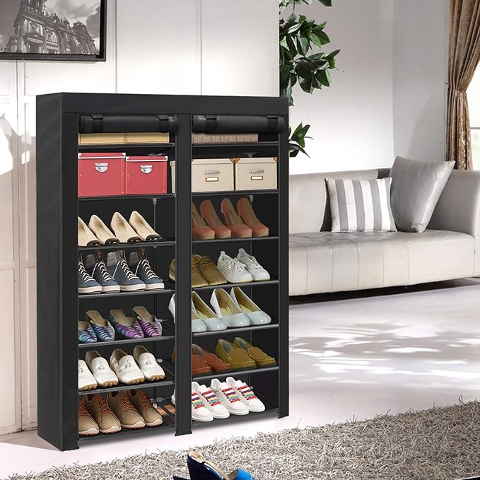 ERONE Shoe Rack Storage Organize, 28 Pairs Portable Double Row with Nonwoven Fabric Cover Shoe Shelf Cabinet for Closet-NeatNest
