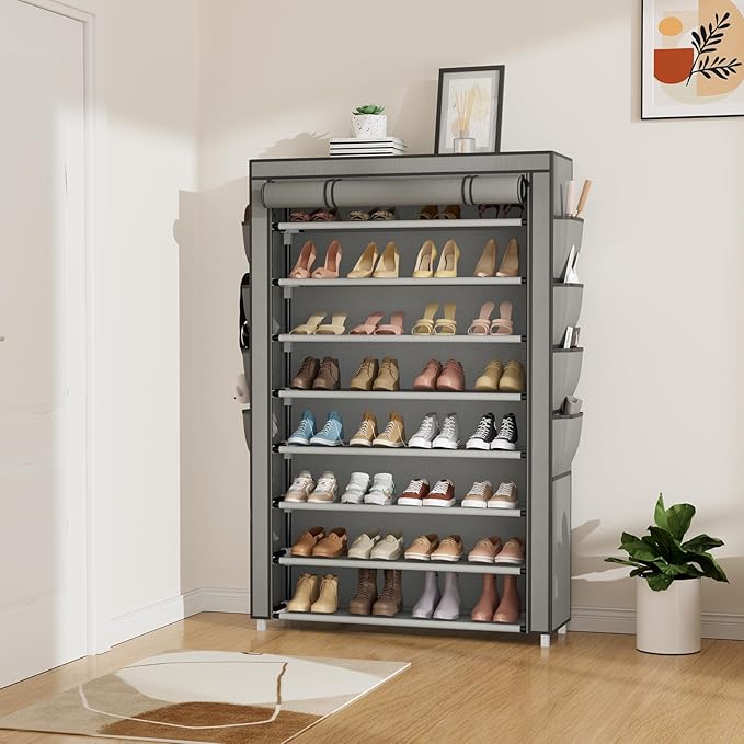 Shoe Rack with Cover, 8 Tier Tall Shoe Organizer Storage for 36-45 Pair Shoes and Boots Large Shoe Storage Shelf Free Standing Shoe Rack for Closet, Front Door Entrance, Dorm, Garage, Grey-NeatNest