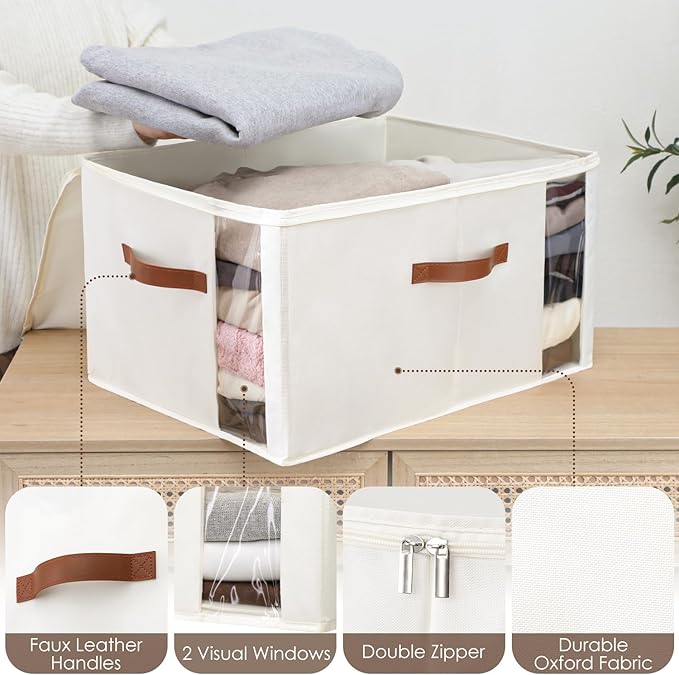 WELTRXE 65L Comforter Storage Bag with Handles, Clothing Storage Container for Quilt, Sheet, Bedding, Large Closet Organizer with Dual Zipper, Underbed Organization and Storage, Beige-NeatNest