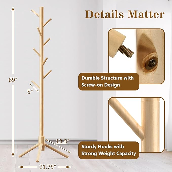2 Pack Coat Rack, Solid Wood Coat Rack Freestanding with 8 Hooks & 3 Adjustable Heights, Simple Assembly Coat Tree for Hats, Bags, Wooden Coat Hanger Stand for Bedroom, Entryway, Office-NeatNest