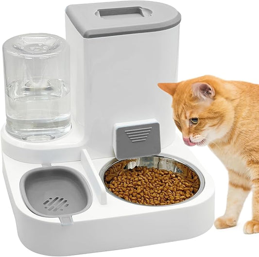 Fhiny Gravity Cat Feeder and Water Dispenser, 2 in 1 Automatic Pet Waterer Detachable Stainless Steel Food Bowls Set Pet Food Storage for Small Dog Puppy Cat Kitten Pet Easy Clean (Grey)-NeatNest