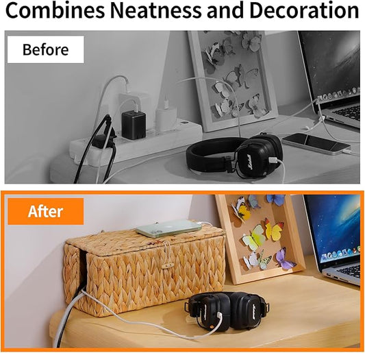 Cable Management Box,Hand-Woven Water Hyacinth Decorative Cord Organizer,2 Side Open Slots Wicker Cable Box to Hide Cords and Power Strip,for Desk, Floor, Office,2 Pack-NeatNest