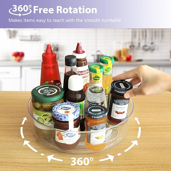 4 Pack Lazy Susan Organizer for Cabinet, Upgraded 11.5" Clear Turntable Organizer with Handles and Raised Edge, Rotating Lazy Susan Spice Storage for Kitchen, Pantry, Refrigerator, Bathroom, Table