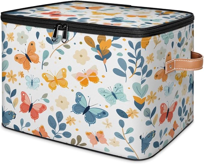 Butterfly Storage Bins with Zipper Lid, Boho Floral Lidded Storage Baskets Boxes Foldable Organizer with Leather Handles for Clothes Closet Shelf Toys-NeatNest